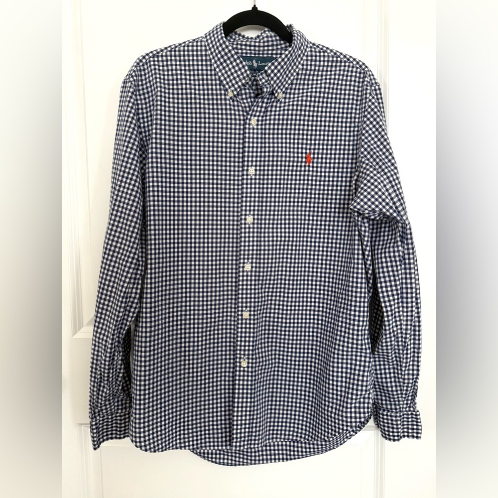 Ralph Lauren Embroidered Button Down Checkered Blue and White Shirt L Slim Fit